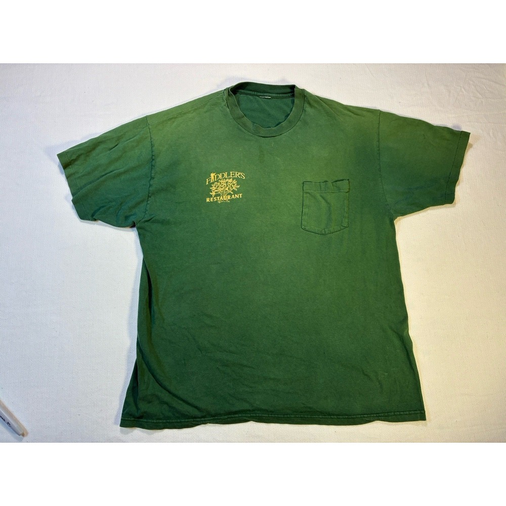 Vintage Fiddler's Restaurant Pocket T-Shirt Mens Green Distressed Graphic Tee